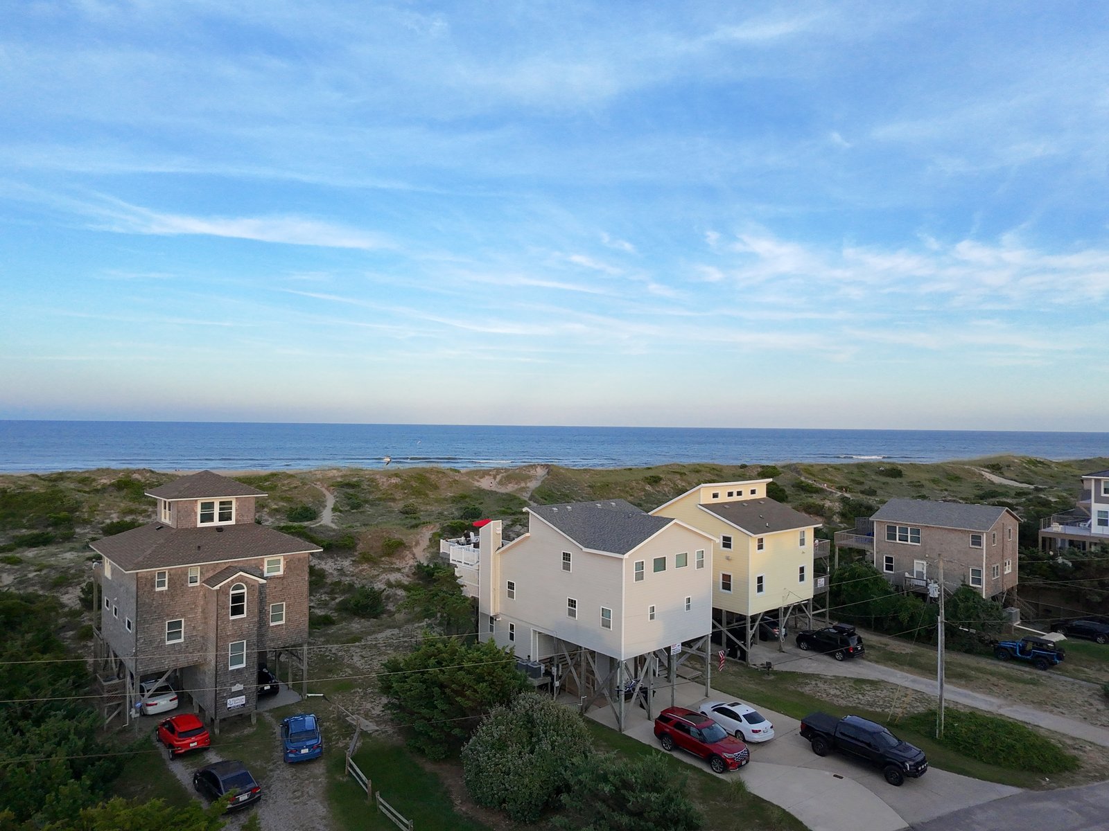 Aerial view of the Oettinger beach house, oceanfront on the dunes in Avon, NC